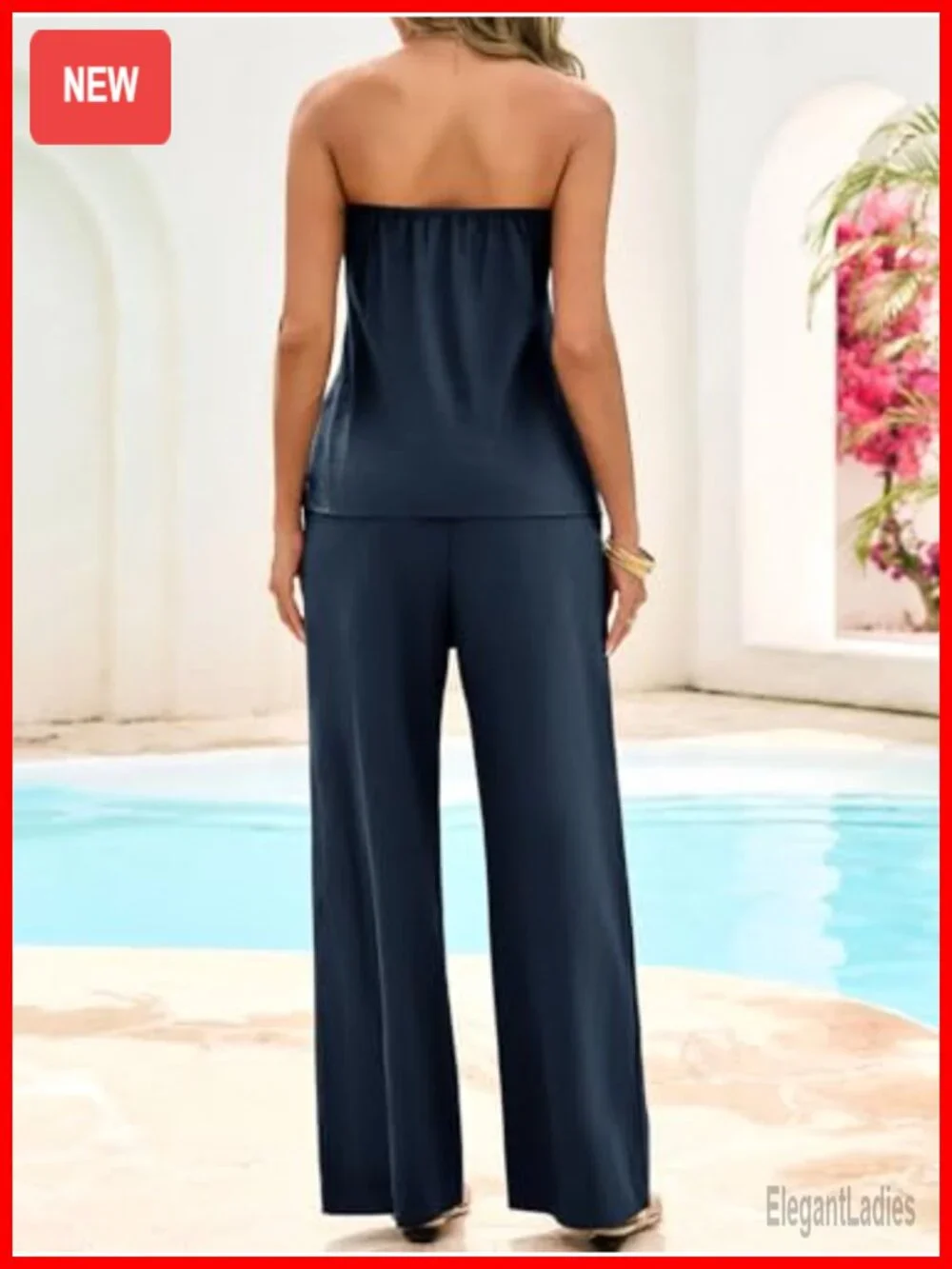 Strapless Tube Top Wide Leg Pants Matching Lounge Set 2 Piece